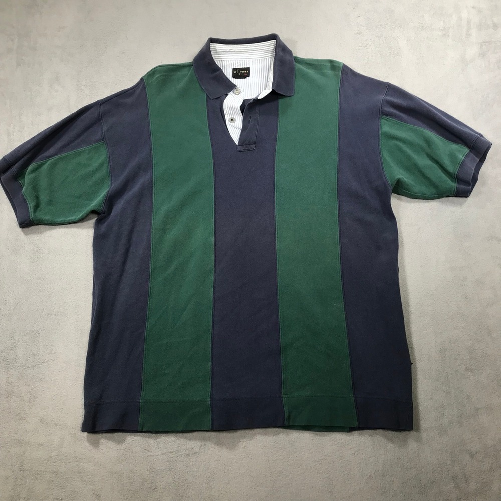 Structure Polo Shirt Mens Large Blue Green Vintage Vertical Stripe Rugby Y2K